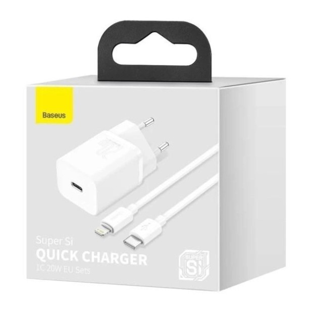 СЗУ-адаптер Baseus Super Si 20W PD (1Type-C) + кабель Type-C - Lightning (Белый) TZCCSUP-B02